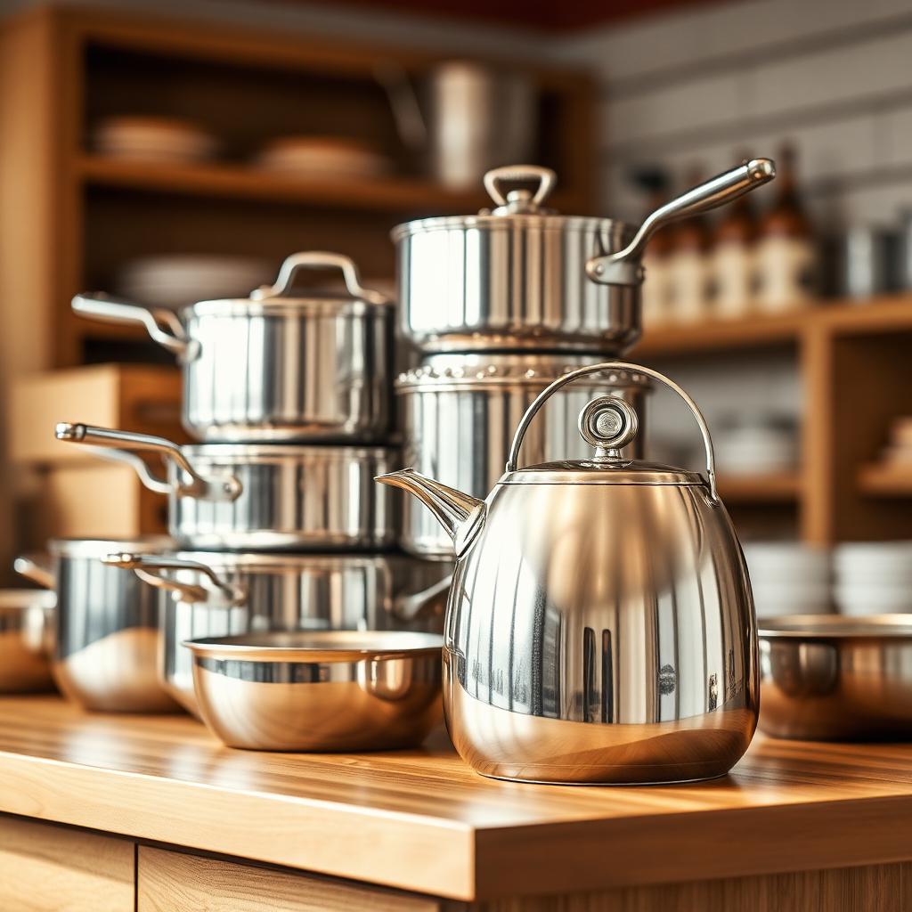 Gleaming stainless cookware stacked on a warm wooden trade counter