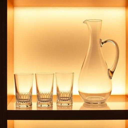 Clear glassware arranged on a warm light shelf