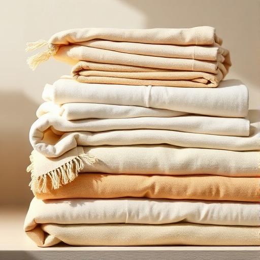 Neatly folded home linen in warm sand tones