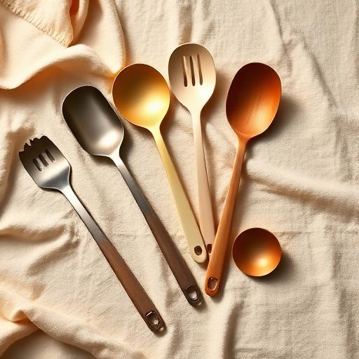Kitchenware tools laid out on warm linen