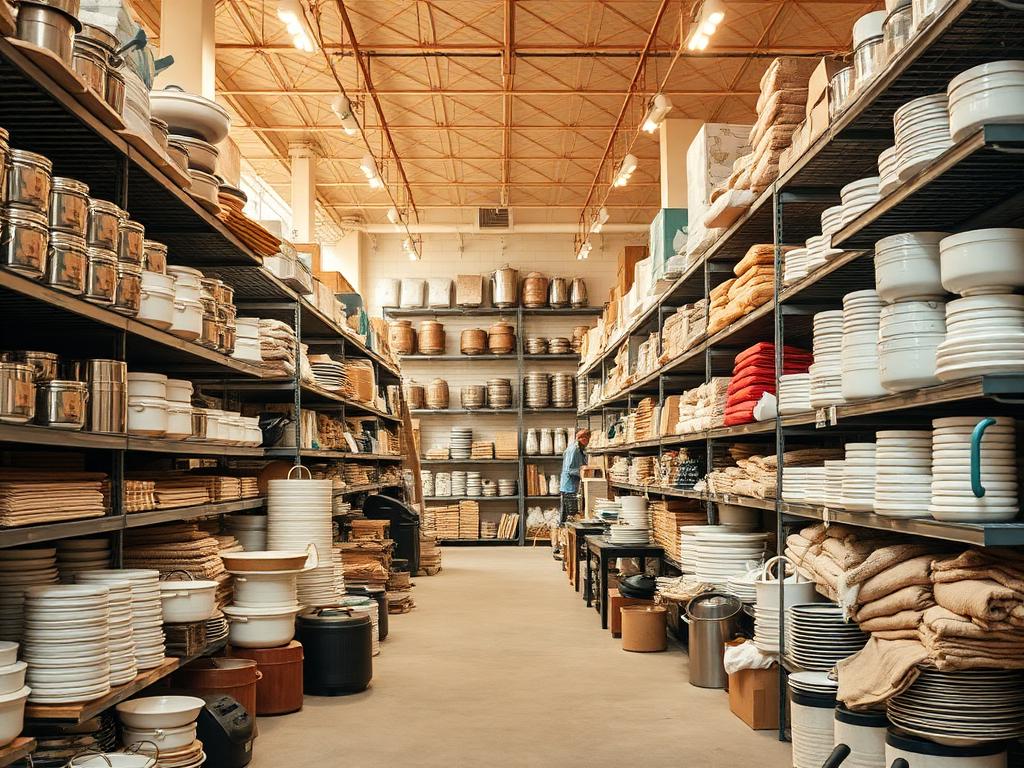Warm wide shot of a bustling wholesale showroom with stacked goods